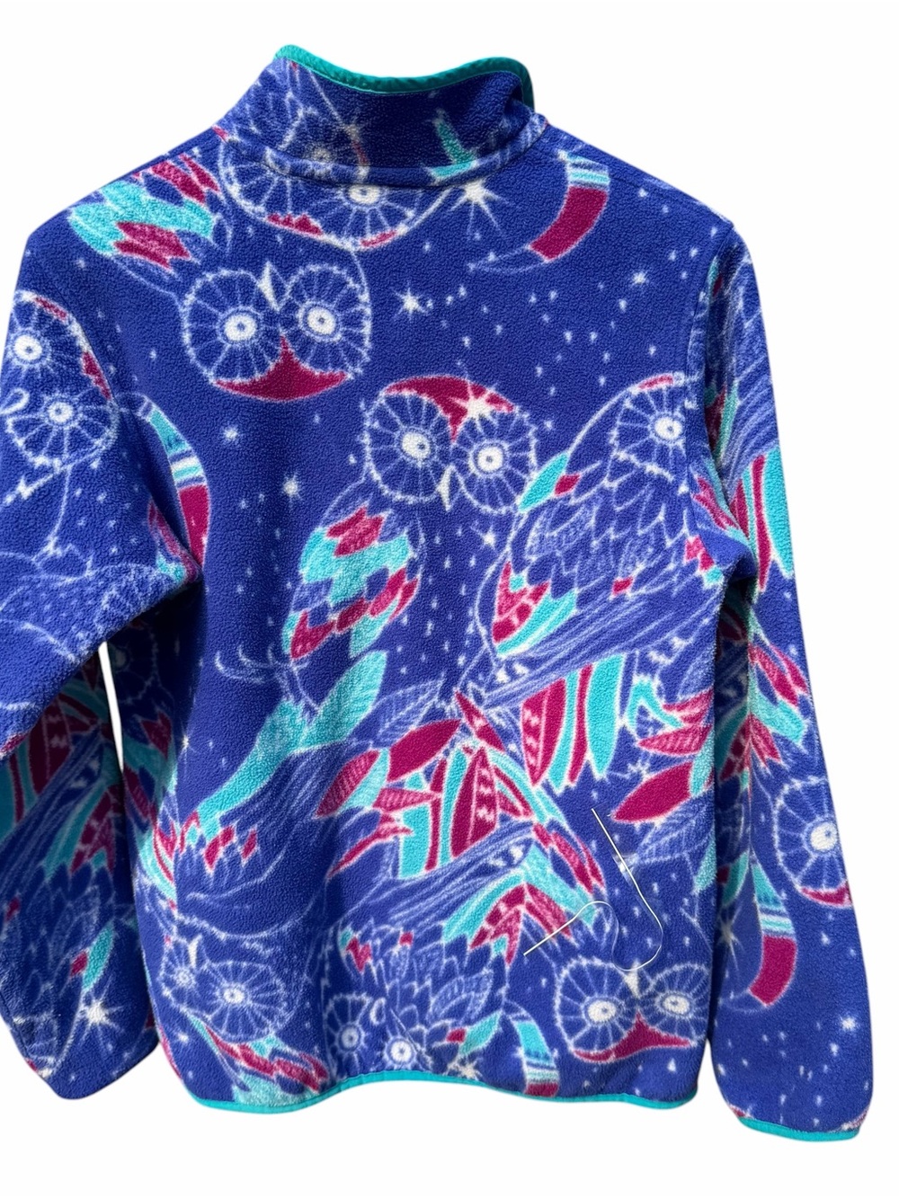 Patagonia Blue Multicolor Owl Print Teddy Fleece Pullover - Picture 7 of 10